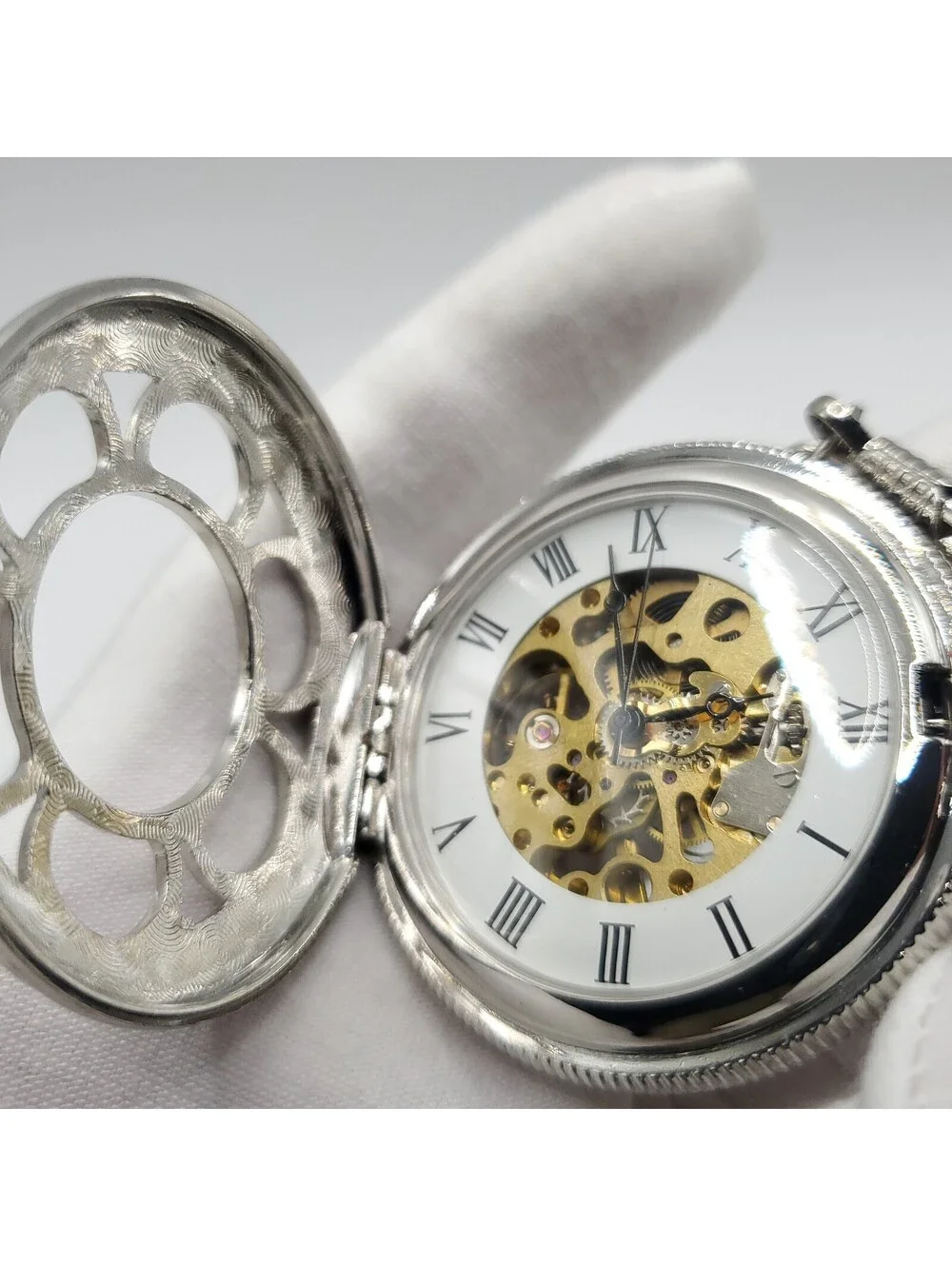Steam Punk Mechanical Pocket Silver 47mm Pocket Watch With Chain